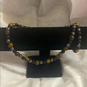 Triple layer yellow tiger eye hematite obsidian men’s necklace and bracelet set